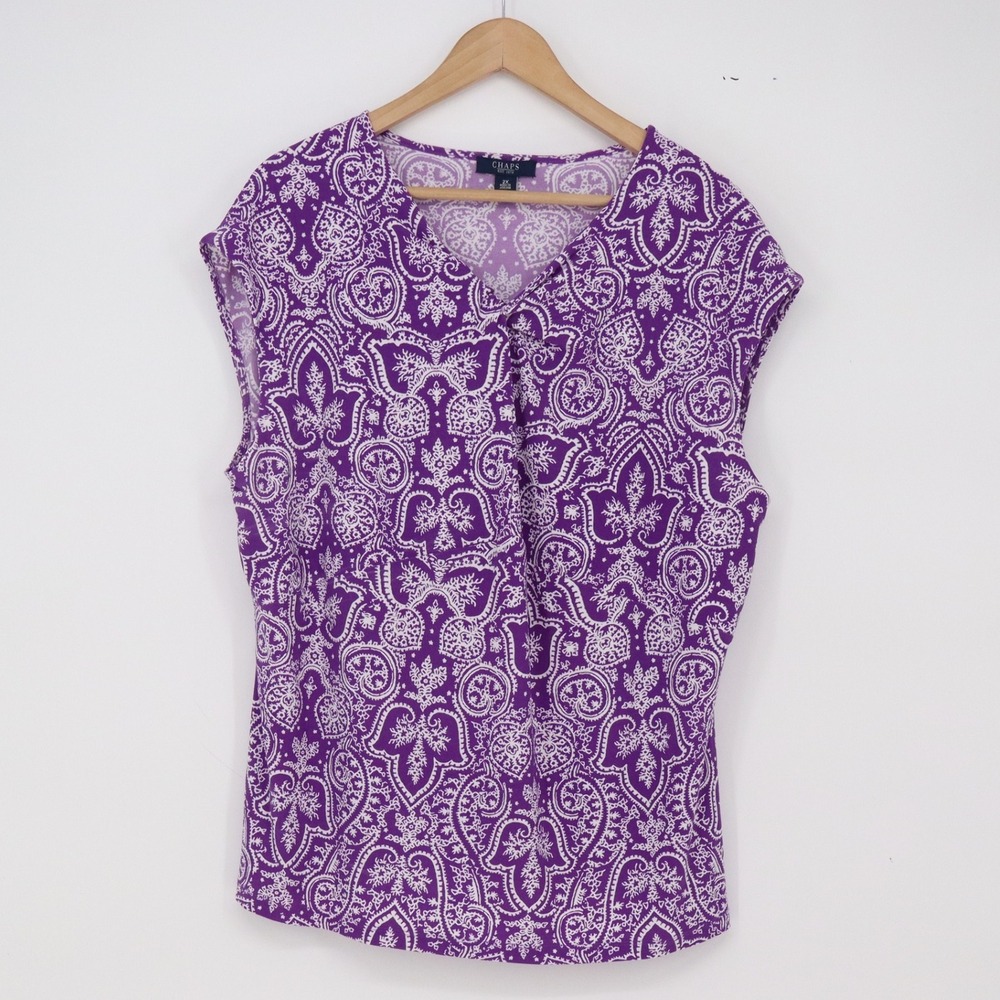 Chaps Blouse Womens 2X Paisley Purple Cap Sleeve V-Neck Excellent